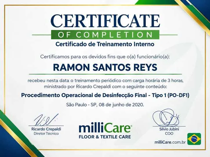 Certificação de Ramon Reys, responsável técnico da H.R. Higienização